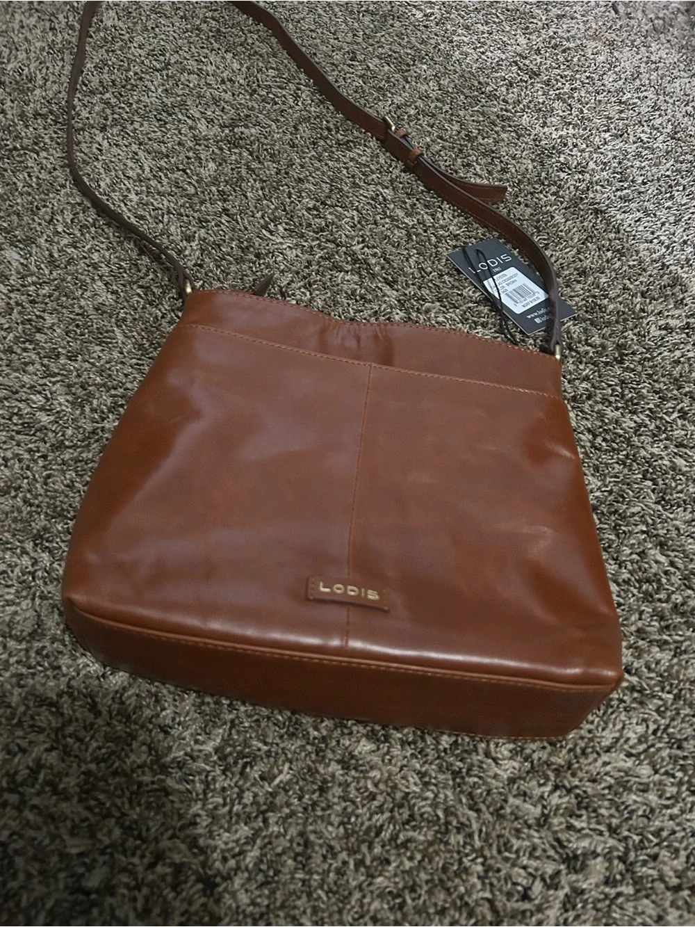 Lodis Cognac Brown Leather Woven-Trim Crossbody Bag